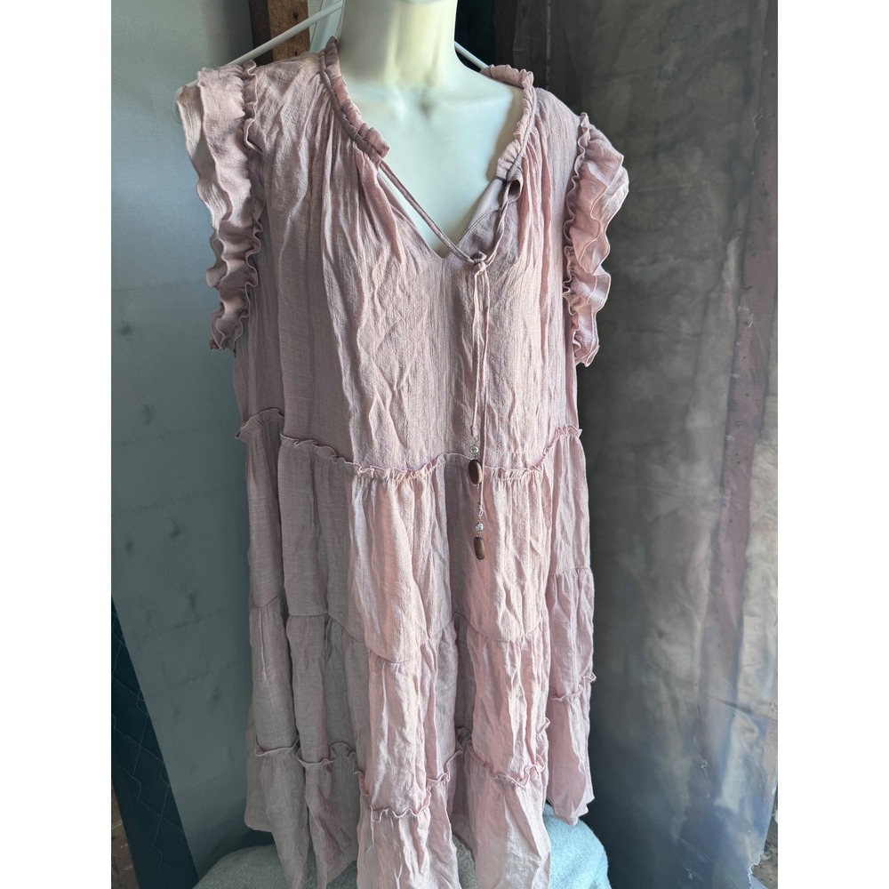 Indigo Rose Pink Tiered Ruffle V-Neck Mini Dress Plus Size 2X Boho Beaded Tie